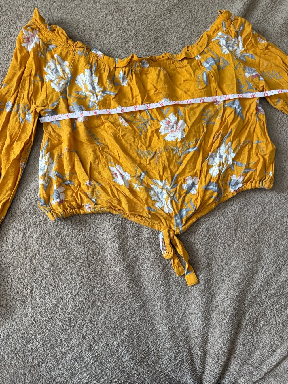 Mustard Yellow Floral Off-Shoulder Tie-Front Crop Top